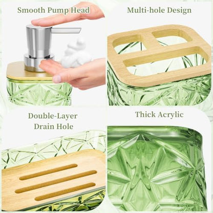 Green Bathroom Accessories Set 7 Pcs, Green Bathroom Sets, Acrylic Soap Dispenser and Toothbrush Holder Set, Qtip Holder Set, Bathroom Sink Set, Gift for Home Apartment