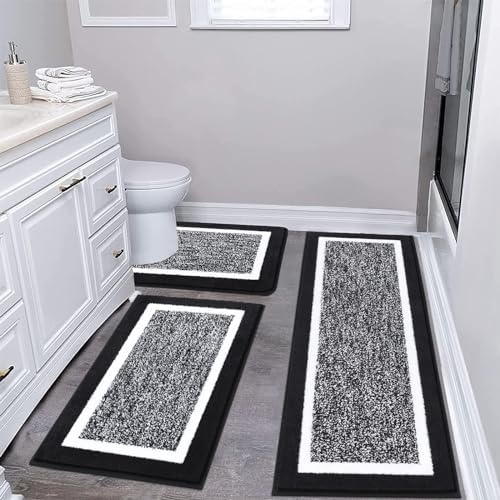 Pauwer Bathroom Rug Sets 3 Piece, Non Slip Washable Bath Mat, Black