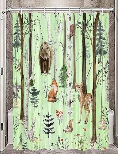 JAWO Camper Shower Curtain, Rustic Lodge Cabin Woodsy Wildlife Animals Woodland Rv Shower Curtains Camper Camping Bathroom Set with Hooks, 47X64 Inch, Moss Green