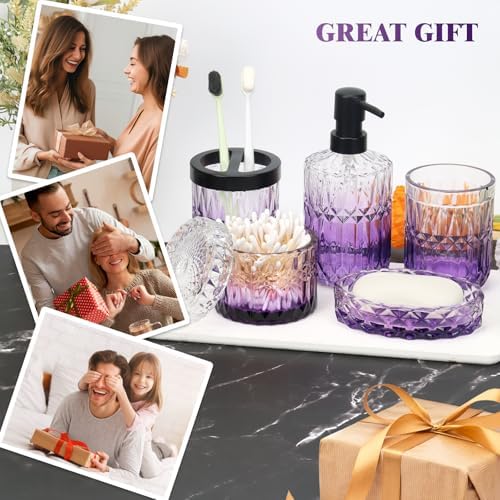 Bathroom Accessories Set, 5Pcs Bathroom Soap Dispenser Set, Glass Bathroom Accessories with Glass Soap Dispenser, Soap Dish, Toothbrush Holder, Tumbler, Cotton Swab Jar (Clear & Purple)