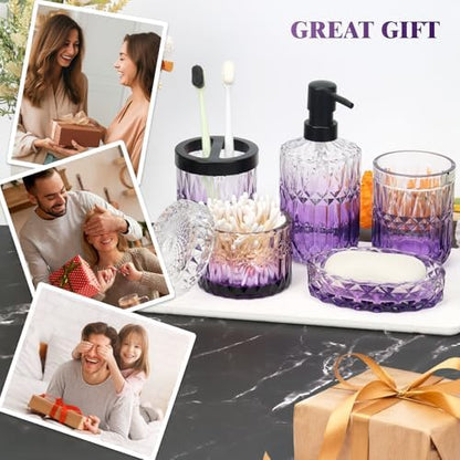 Bathroom Accessories Set, 5Pcs Bathroom Soap Dispenser Set, Glass Bathroom Accessories with Glass Soap Dispenser, Soap Dish, Toothbrush Holder, Tumbler, Cotton Swab Jar (Clear & Purple)