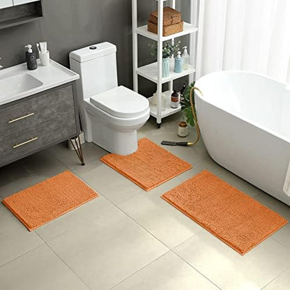HOMEIDEAS Orange Chenille Bathroom Rugs Set of 3, Non Slip Bath Mat