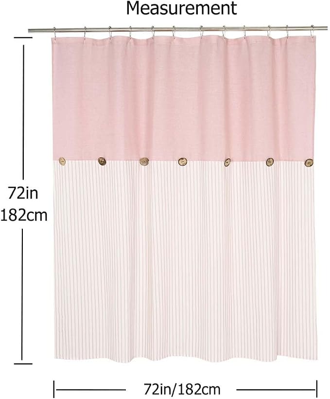 DOSLY Ides Farmhouse Pink Shower Curtain for Bathroom, Beige and Pink Stripe, Button Bathroom Curtain, Cotton Blend Woven Fabric, Rustic Charm Country Chic Style, 72x72 in