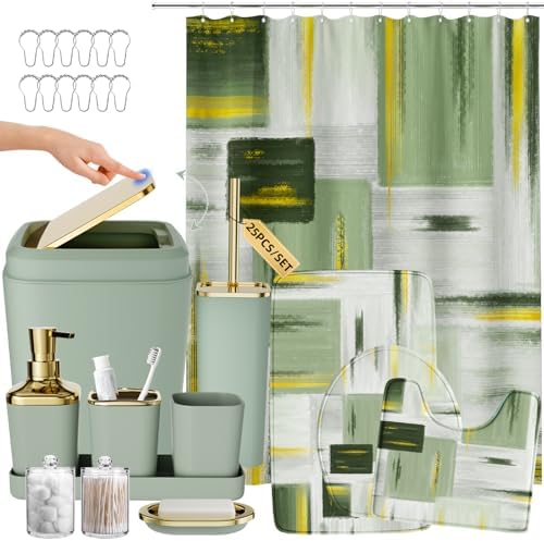 XLHOMO Bathroom Accessories Set - 25PC Bathroom Set with Shower Curtain and Rugs, Sage Green Bathroom Set, Bathroom Accessory Set with Press-on Lid Trash Can, Soap Dispenser and Qtip Holders