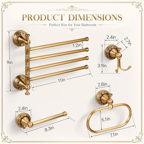 4 Pcs Antique Brass Bathroom Hardware Set, Bathroom Accessories Set, 11 Inch Wall Mounted Bath Towel Bar Toilet Paper Holder Hand Towel Holder Robe Hook for Shower Room Toilet(4-Layer)