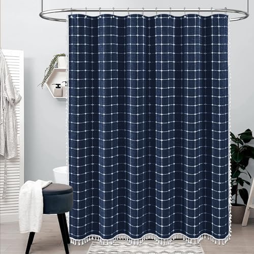 BTTN Extra Long Boho Farmhouse Linen Shower Curtain Set, 72x96, Navy Blue