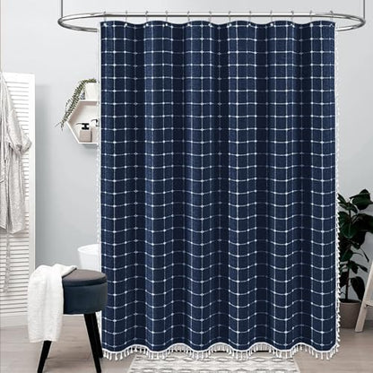 BTTN Long Boho Farmhouse Linen Heavy Duty Shower Curtain, 72x84, Navy Blue