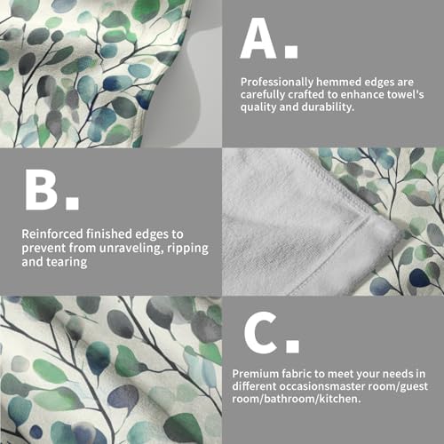 Leaves Floral Hand Towels 14x28 Inch Grey Green Boho Floral Absorbent Microfiber Soft Dish Washing Cloth Face Tea Towels for Home Hotel Gym Laundry Room Kitchen Bathroom Decor