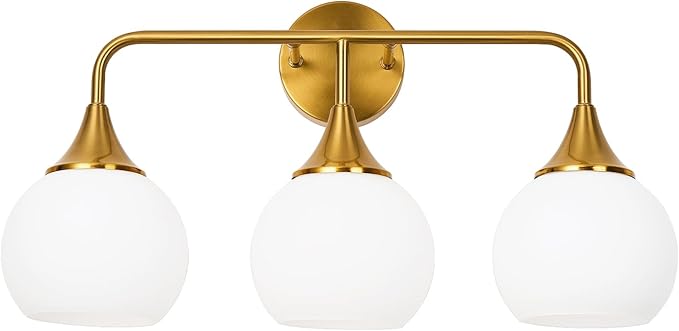 Modern Gold Bathroom Vanity Lights 3-Light Bathroom Light Fixtures Over Mirror with Milk White Glass Shade Modern Wall Sconce Lighting Bath Vanity Lights (Exclude E26 Bulb)