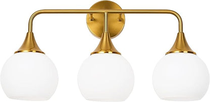 Modern Gold Bathroom Vanity Lights 3-Light Bathroom Light Fixtures Over Mirror with Milk White Glass Shade Modern Wall Sconce Lighting Bath Vanity Lights (Exclude E26 Bulb)