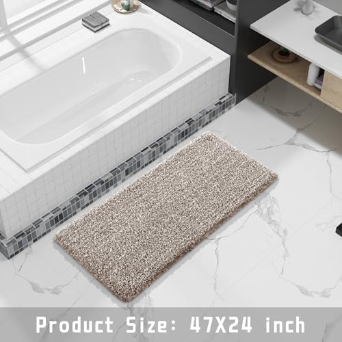 Yimobra Luxury Bathroom Rugs, Fluffy Bath Mats, Non Slip, Water Absorbent Microfiber, Machine Washable, Plush Runner Shower Rugs, Thick Matts for Bathroom Floor&Tub, 47" X 24", Light Brown and White