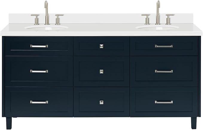 ARIEL Monroe 72-inch Bathroom Vanity with Sink,Solid Wood, 1.5-inch Pure White Quartz Countertop & Backsplash, Double Rectangular Porcelain Sink, 9 Dovetail Drawers, Brushed Nickel, Midnight Blue