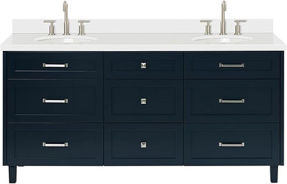 ARIEL Monroe 72-inch Bathroom Vanity with Sink,Solid Wood, 1.5-inch Pure White Quartz Countertop & Backsplash, Double Rectangular Porcelain Sink, 9 Dovetail Drawers, Brushed Nickel, Midnight Blue