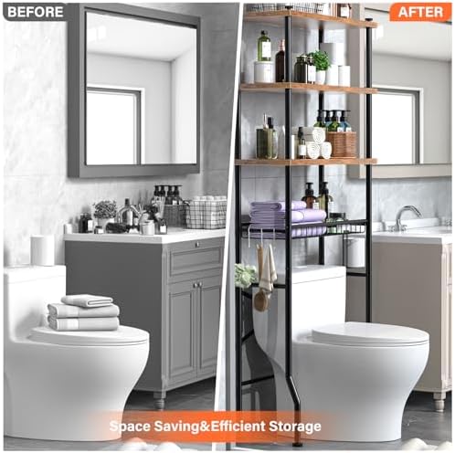 Over-The-Toilet Storage Shelves, 4-Tier Bathroom Organizer Shelf Over Toilet with Adjustable Feet Pad and Basket, Freestanding Space Saver Bathroom Storage Rack Above Toilet (Vintage Brown)