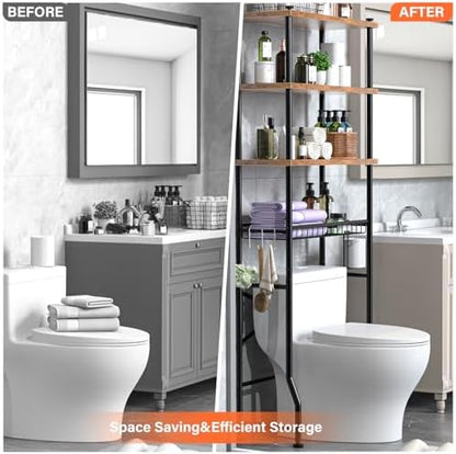 Over-The-Toilet Storage Shelves, 4-Tier Bathroom Organizer Shelf Over Toilet with Adjustable Feet Pad and Basket, Freestanding Space Saver Bathroom Storage Rack Above Toilet (Vintage Brown)