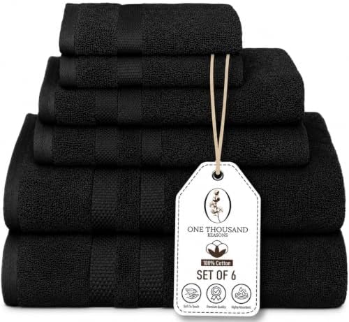 Premium Staple Cotton Bathroom Towel Set - Black 600 GSM 6-Piece Luxury Bath Towel Set 3 Stripe - 2 Bath Towels, 2 Hand Towels & 2 Washclothes Set - High Absorbent & Quick Dry for Gym, Spa, Hotel