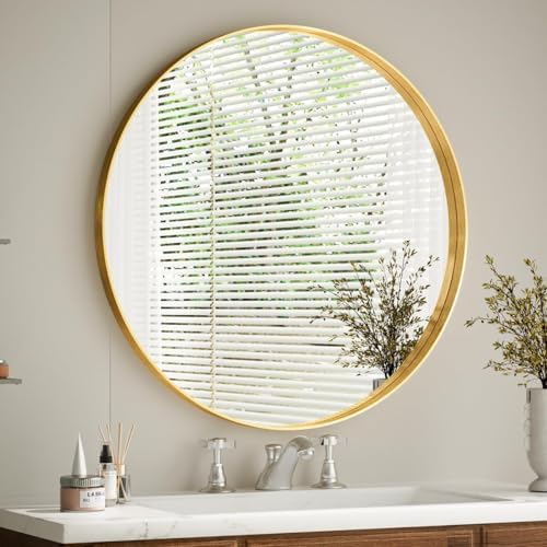 VooBang Round Bathroom Mirror 32 inch, Gold Gorgeous Deep Frame Modern Circle Wall Vanity Mirror for Bedroom, Living Room, Hanging or Leaning, Gold