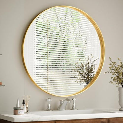 VooBang Round Bathroom Mirror 32 inch, Gold Gorgeous Deep Frame Modern Circle Wall Vanity Mirror for Bedroom, Living Room, Hanging or Leaning, Gold