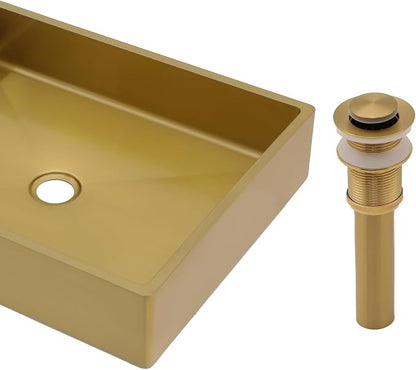 Gold Vessel Sink Stainless Steel - Fulorni 19"x15" Bathroom Vessel Sink Gold 16 Gauge Nano Titanium Plating Above Counter Rectangle Vanity Lavatory Bath Sink Basin