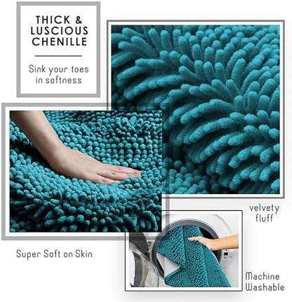 Hearth & Harbor Bathroom Rugs, Chenille Bath Mat - Machine Washable Bath Mats for Bathroom Non-Slip Backing Rubber, Quick Dry - Teal Blue Bath Rug, 17x24-20x32-20x24