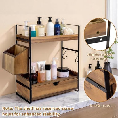 2-Tier Bathroom Counter Organizer, Acacia Wood Vanity Shelf with Drawer