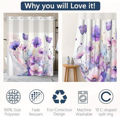 No Hook Shower Curtain with Snap in Liner, 71 x 74 Inch