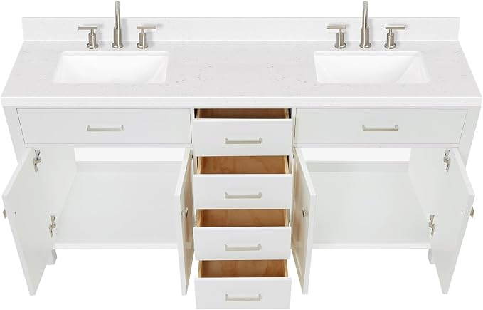 Alenza 72 Inch Bathroom Vanity Double Sink — White Bathroom Vanity with Sink, 1.5" Edge Carrara White Quartz Countertop & Backsplash, 4 Soft-Close Doors, 4 Dovetail Drawers