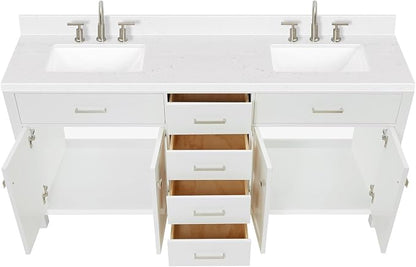 Alenza 72 Inch Bathroom Vanity Double Sink — White Bathroom Vanity with Sink, 1.5" Edge Carrara White Quartz Countertop & Backsplash, 4 Soft-Close Doors, 4 Dovetail Drawers