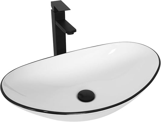 Ceramic Bathroom Sink, White Boat Shape Above Counter Porcelain Vessel Sink with Black Faucet and Pop up drain Set