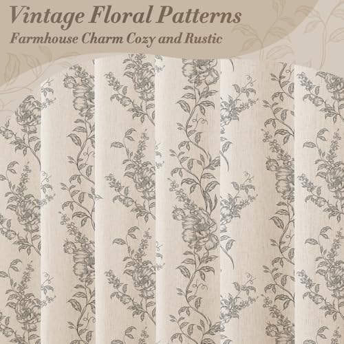 Grey Linen Farmhouse Shower Curtain, Boho Floral Bathroom 72x72