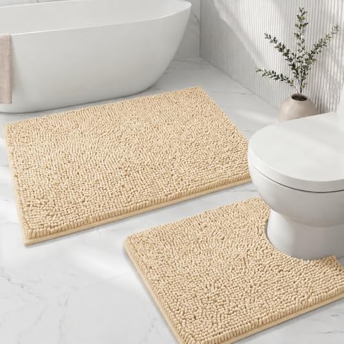 Bathroom Rugs Sets 2 Piece,Super Absorbent Soft,Thick,Machine Washable Chenille Bath Mat,Non Slip Toilet Floor Rug,Bath Mats for Bathroom,20x32 Plus 20x20 U Shape,Beige