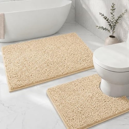 Bathroom Rugs Sets 2 Piece,Super Absorbent Soft,Thick,Machine Washable Chenille Bath Mat,Non Slip Toilet Floor Rug,Bath Mats for Bathroom,20x32 Plus 20x20 U Shape,Beige