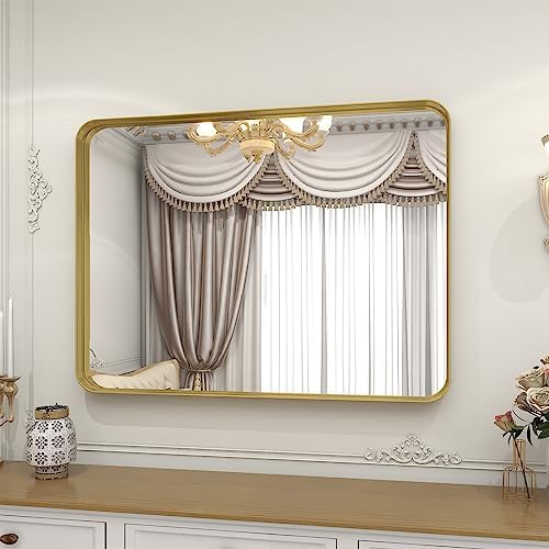 VooBang Bathroom Mirror 24x36 inch, Gold Gorgeous Deep Frame Wall Mirror, Modern Round Corner Bathroom Vanity Mirror for Bedroom, Living Room, Hanging or Leaning Horizontal or Vertical, Gold