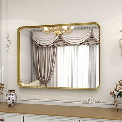 VooBang Bathroom Mirror 24x36 inch, Gold Gorgeous Deep Frame Wall Mirror, Modern Round Corner Bathroom Vanity Mirror for Bedroom, Living Room, Hanging or Leaning Horizontal or Vertical, Gold