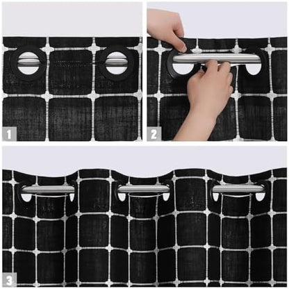 MitoVilla No Hooks Needed Boho Farmhouse Shower Curtain with Snap-in Liner, Cotton Linen Fabric Shower Curtains with Tassels for Rustic Neutral Bathroom Decor, Black and White, 72 x 74