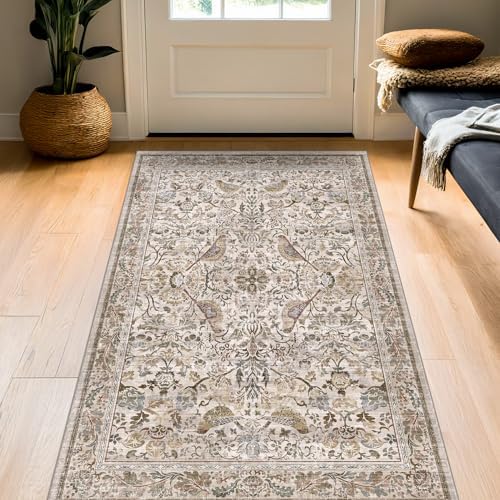 Washable 3x5 Moss Large Entryway Rugs - Low Pile Soft Boho Area Rug for Bedroom Beside Bed, Laundry, Non Slip Floral Kitchen Mat for Floor, Vintage Botanical Design Stain Resistant Carpet