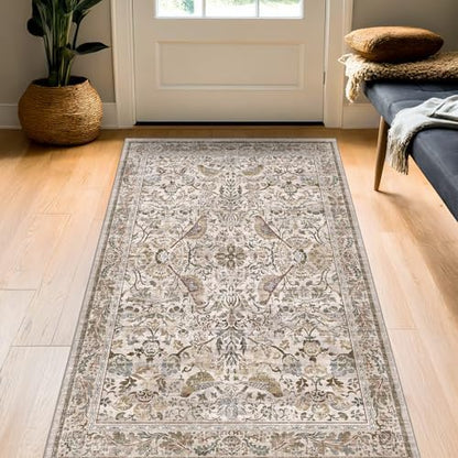 Washable 3x5 Moss Large Entryway Rugs - Low Pile Soft Boho Area Rug for Bedroom Beside Bed, Laundry, Non Slip Floral Kitchen Mat for Floor, Vintage Botanical Design Stain Resistant Carpet