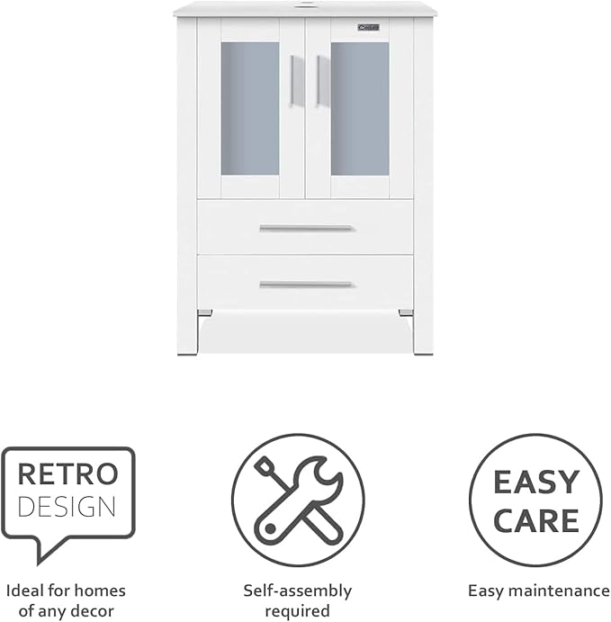 eclife 84" Modern Bathroom Vanity Sink Combo Freestanding Cabinet with Small Side Cabinet, Champagne Boat Glass Vessel Sink, Water Save Faucet, Drain (White+A29CH)