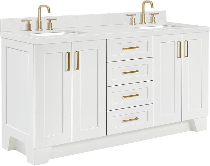 ARIEL Taylor 66-inch Bathroom Vanity with Sink,Solid Wood, 1.5-inch Carrara White Quartz Countertop & Backsplash, Double Rectangular Porcelain Sink, 4 Soft Closing Doors, 5 Dovetail Drawers, White