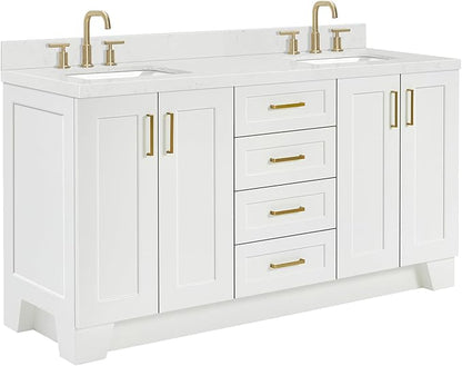 ARIEL Taylor 66-inch Bathroom Vanity with Sink,Solid Wood, 1.5-inch Carrara White Quartz Countertop & Backsplash, Double Rectangular Porcelain Sink, 4 Soft Closing Doors, 5 Dovetail Drawers, White