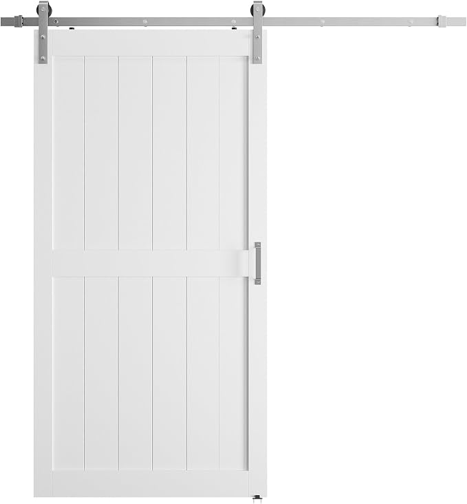 42" x 96" Sliding Barn Door with 7ft Brushed Nickel Hardware Kit & Handle | Pre-Drilled Holes Easy Assembly -White Solid Barn Door Slab Covered with Water-Proof PVC Surface, H-Frame