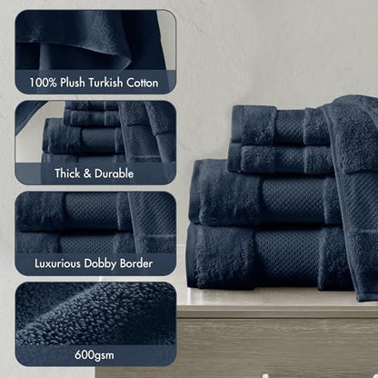 Madison Park 100% Turkish Cotton 600 GSM Bath Towel Set, 6 Piece, Navy