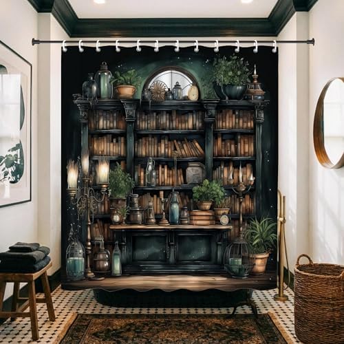 Gothic Witchy Dark Academia Bookshelf Shower Curtain 72x72 Inches