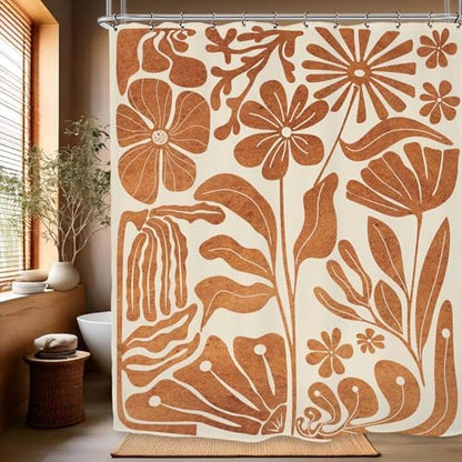 Matisse Flower Shower Curtain 60Wx72L Inch Abstract Retro Aesthetic Minimalist Vintage Art 70s Modern Burnt Orange Bathroom Set Accessories Decor with 12 Pack Hooks