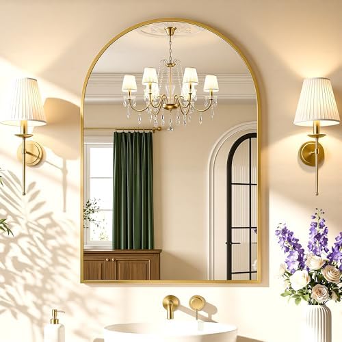 Antok Arched Bathroom Mirror, 24"x36" Wall Mounted Mirror, Vanity Mirrors for Over Sink, Aluminum Alloy Frame Bathroom Mirrors Living Room, Bedroom and Entryway, Gold