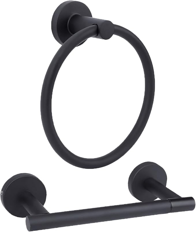 Matte Black Toilet Paper Holder Set, Stainless Steel Towel Ring, Double Post Pivoting Toilet Paper Holder and Hand Towel Holder Set for Bathroom,Bathroom Hardware Accessories Set Black