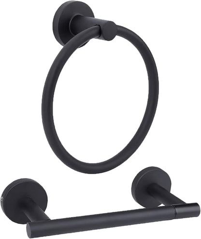 Matte Black Toilet Paper Holder Set, Stainless Steel Towel Ring, Double Post Pivoting Toilet Paper Holder and Hand Towel Holder Set for Bathroom,Bathroom Hardware Accessories Set Black