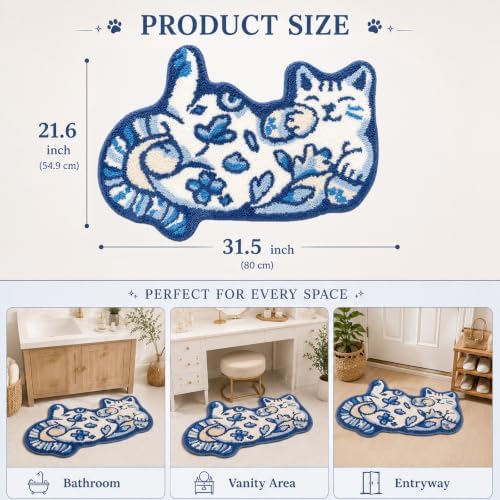 Cute Cat Bath Mat, Unique Blue Small Fun Bathroom Rug