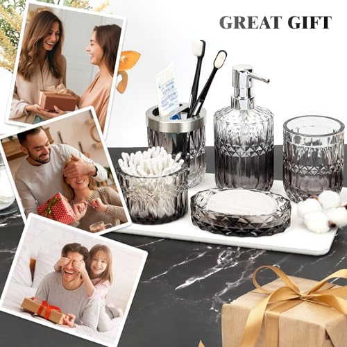 Bathroom Accessories Set, 5Pcs Bathroom Soap Dispenser Set, Glass Bathroom Accessories with Glass Soap Dispenser, Soap Dish, Toothbrush Holder, Tumbler, Cotton Swab Jar (Gradient Clear & Black)