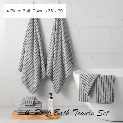 4 Piece Grey Cabana Stripe Large Bath Towels Oversized Bath Sheet Super Soft Breathable Jumbo Bathroom Towels Highly Absorbent Shower Towel Quick Dry Beach Chair Towel Spa Gym Hotel Towel Set